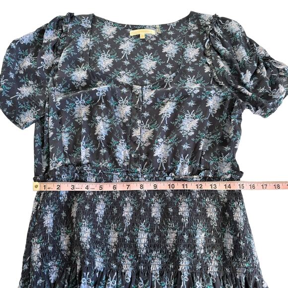 LoveShackFancy Brickell Blue Gathered Floral Print Crepe Mini Dress Size Large - Picture 6 of 13